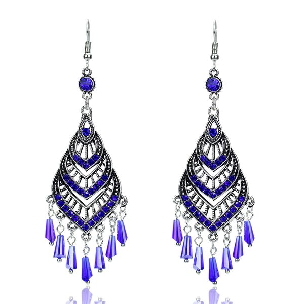 

explosion models retro glass beads pendant earrings long temperament inlaid zircon national wind earrings female, Silver