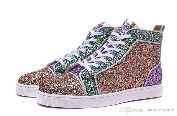 

2017 new fashion sneakers high multicolored glitter red bottom shoes for men women qulity pink purple genuine leather dress shoes, Black