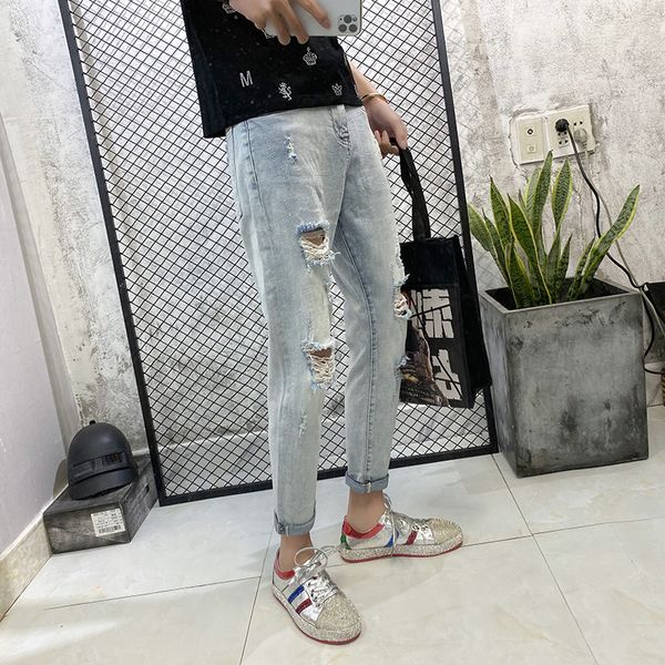 

2020 летние светлые цвета отверстия маленькие ноги нищий штаны тонкий корейской версии диких девять очков брюки прилив ретро джинсы, Blue