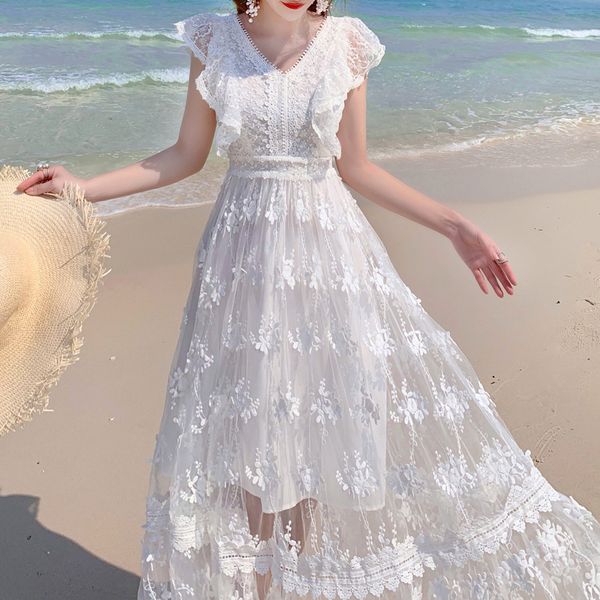 

women long white beach dress 2019 summer fashion v neck ruffles embroidery tunic lace dress vestido blanco mujer, Black;gray