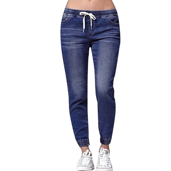 

new women's pant fashion trend high-end women autumn elastic plus loose denim casual drawstring plus cropped jeans, Blue