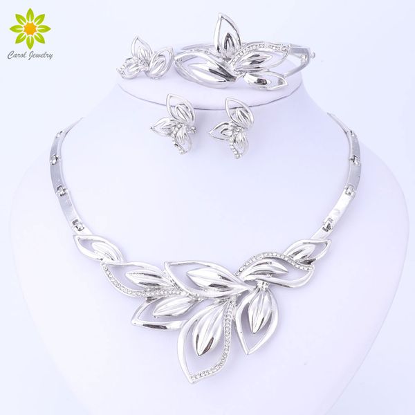 

latest new african costume jewelry sets silver plated leaves shape necklace set wedding elegant costume jewelry set, Slivery;golden