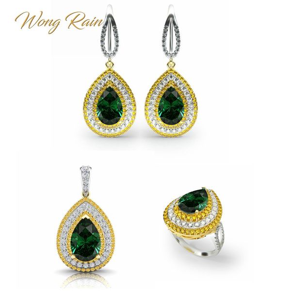 

wong rain vintage 100% 925 sterling silver sets water drop pear emerald gemstone necklace/earrings/ring jewelry sets wholesale, Black