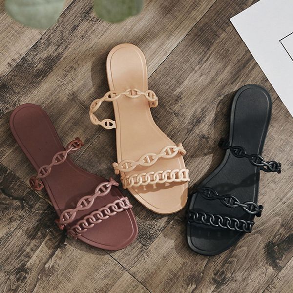 

summer beach women slides chain colors flat slip on women slippers, Black