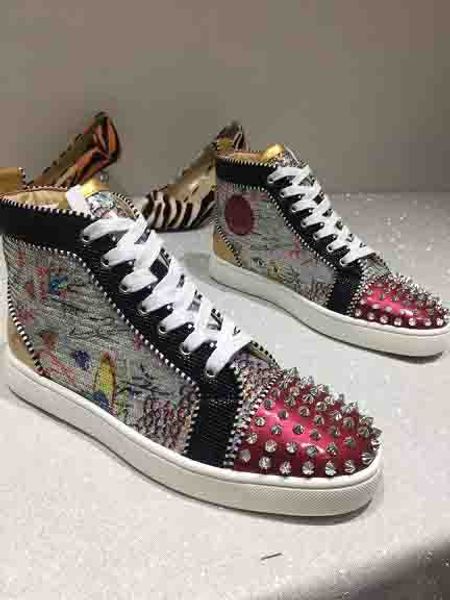 

winter high sports sneakers spiked shoes red bottom brand design luxury red soles casual men women trainers glitter sequins pik studs s, Black
