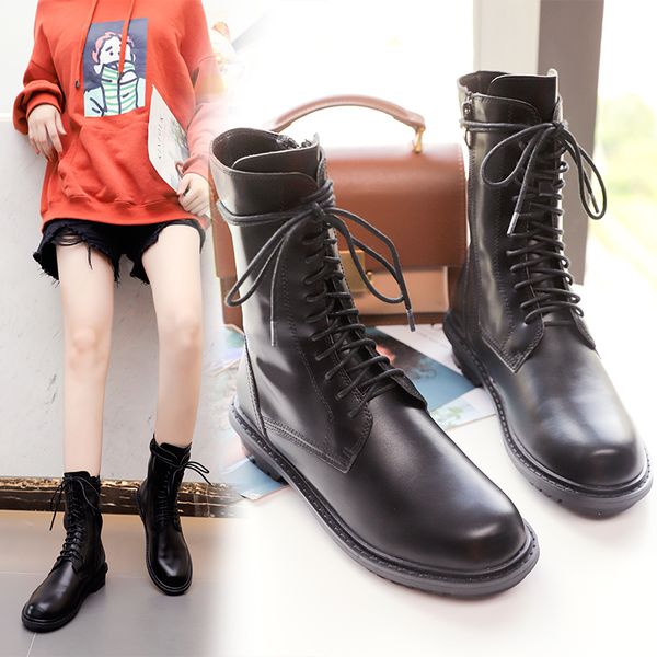 

kjstyrka leather 2019 mid-calf women boots autumn winter lace-up lady combat boots round head anti-slip black botas mujer