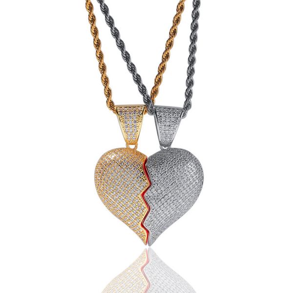 2 pièces/ensemble hommes femmes Hotsale jaune blanc plaqué or plein CZ coeur pendentif collier avec chaîne de corde gratuite beau cadeau pour les Couples