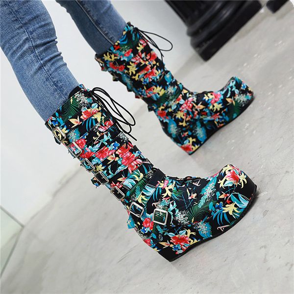 

2020 fashion print creepers platform lon boots for women wede heel shoes buckle lace up punk gothic combat boots 45, Black