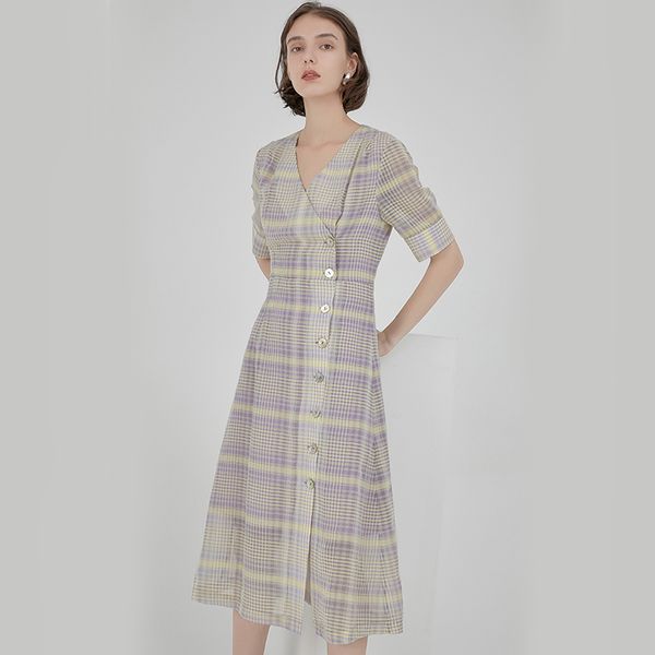 

2019 new spring summer v- neck short sleeve purple plaid printed loose temperament dress women fashion tide a922, Black;gray