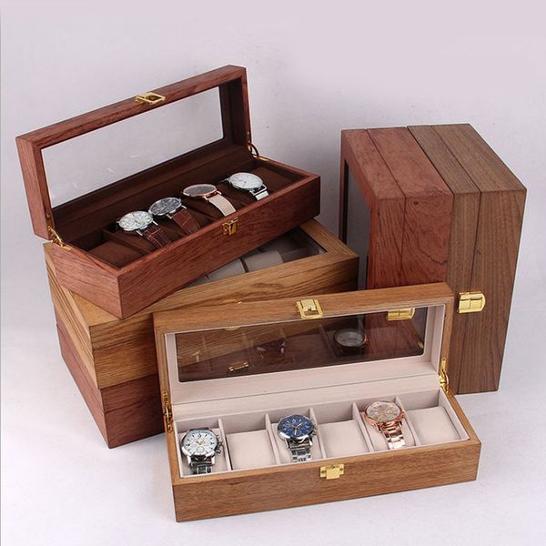 

6 slots wood watch display box case glass locking storage organizer, Black;blue