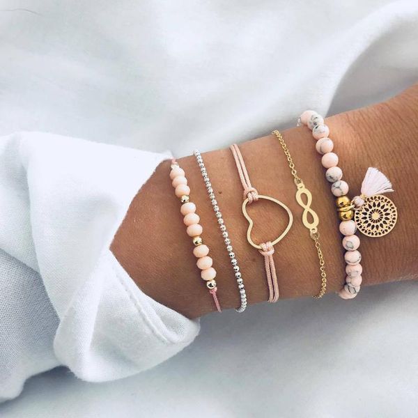 

european and american creative fashion new bracelet retro hollow love tassel pendant beaded bracelet set five-piece set, Black