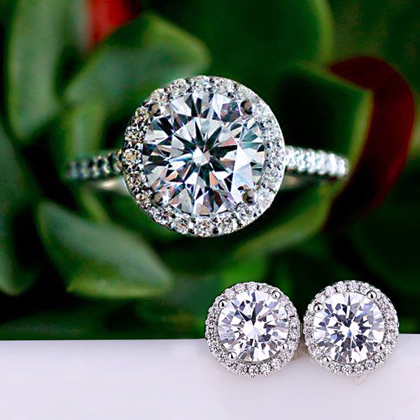 

luxury female crystal zircon ring earrings jewelry set charm white stone ring boho small stud earrings for women jewelry gifts, Silver