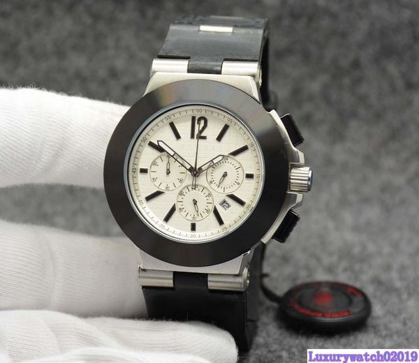 

42mm quartz chronograph date mens watches men watch black bezel white dial with a rubber strap with stainless steel links, Slivery;brown