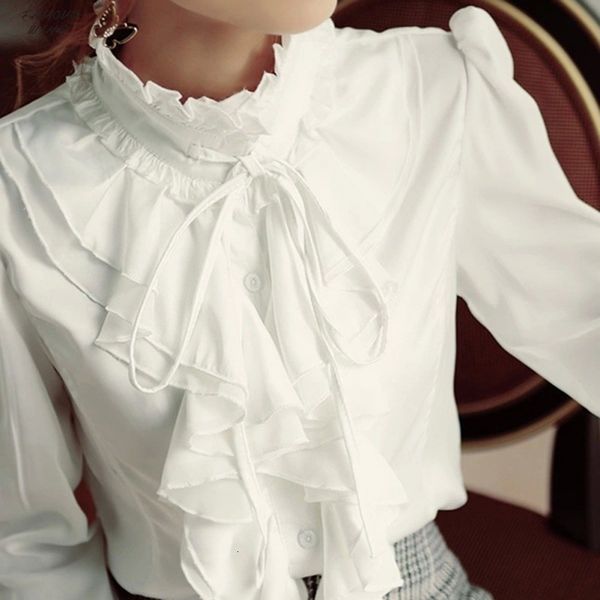 

blouse shirt ruffled blouses turtleneck collar long sleeve formal women puff sleeve vintage white black plus size 4xl