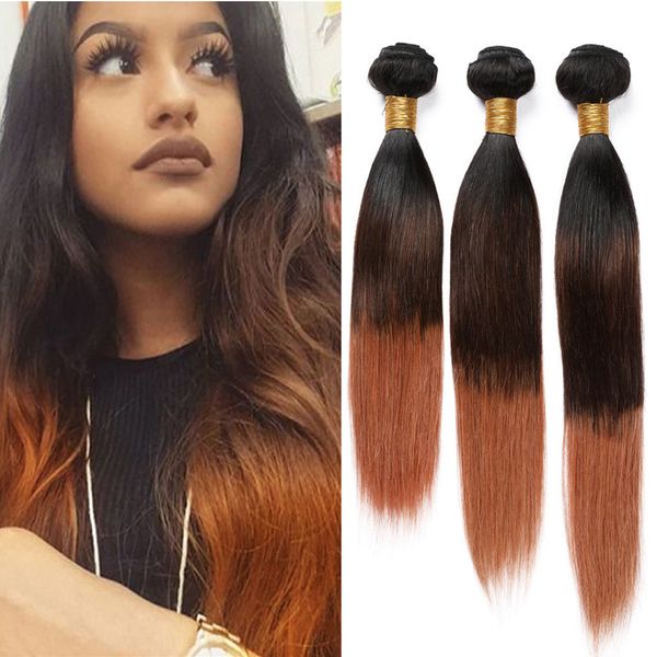 # 1B 4 30 Ombre Straight человеческих волос Weave Связки 3шт черные корни Brown в Medium Auburn 3Tone Ombre бразильских Уток волос Extensions