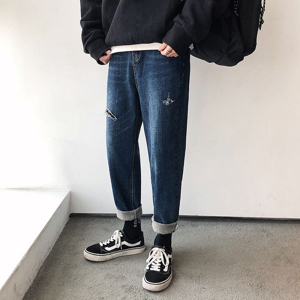 

2019 korean style men's patch baggy homme classic cargo pocket casual pants blue color wash jeans biker denim trousers -2xl