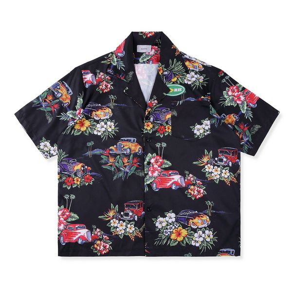 

2019 Fashion Luxury USA Allover RHUDE Hawaiian Vintage Car Flowers Print Short Sleeves Blouse Men Women Tee Casual Shirt