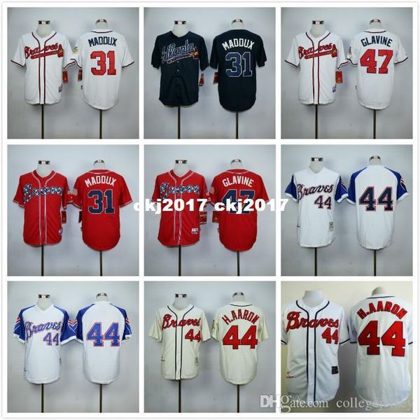

31 maddux 44 hank aaron 47 tom glavine retro jerseys white red blue yellow, Blue;black