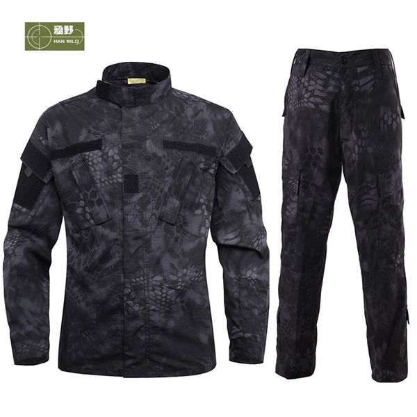 

hanwild man cs tactical jackets army combat trousers outdoor hiking hunting camouflage wear-resisting jacket+pant sets, Blue;black