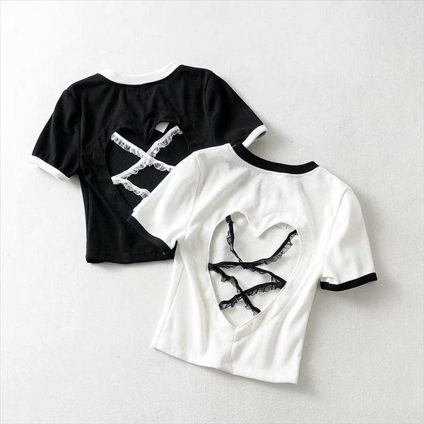 

short-sleeved t-shirt 19 summer love hollowed-out all-match backless cross design sense slim clothes t-shirt clothes color matching top, White