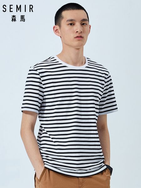 

semir short sleeve t shirt men summer 2019 new cotton round neck korean striped sea soul t-shirt fashion, White;black