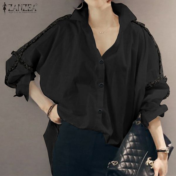 

zanzea women patchwork blouses 2020 elegant lady long sleeve solid shirts work office buttons down cotton tunic plus size, White