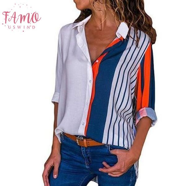 

женская рубашка 2020 новые женские летние осенние топы и блузки рубашка плюс размер с длинным рукавом полосатый принт блузка рубашка, White
