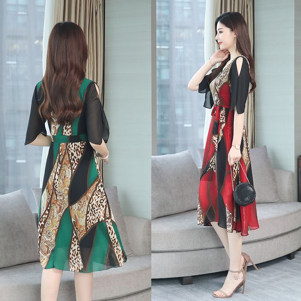 

leopard dress 2019 women chiffon midi beach dress loose short sleeve deep v-neck a-line party vestidos de fiesta, Black;gray