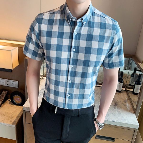 

smart casual short sleeve shirt men's spring-summer fashion business men's plaid muscle 100% cotton clothing, White;black