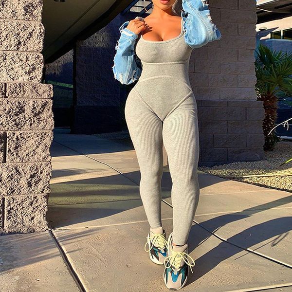 

women gray jumpsuits high waist yoga pants fitness running leggings one piece bodysuit seamless set