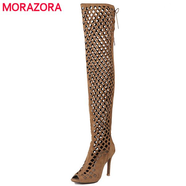 

morazora peep toe thin heels shoes woman over the knee boots zipper ribbon summer boots lady fashion big size 34-46, Black