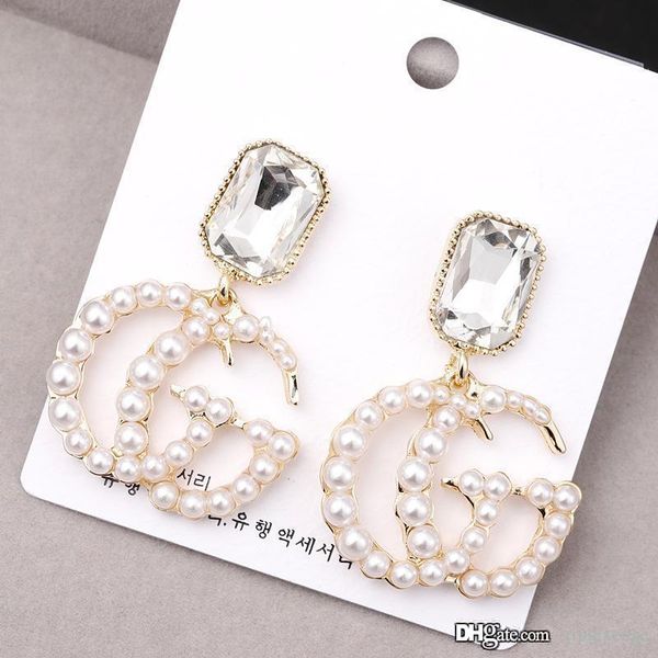 

s925 silver needle brand classic designer earrings personality exaggerated g letter pearl earrings fashion crystal jewelry for women
