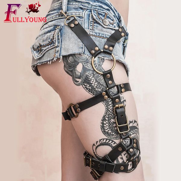 

fullyoung creative harness x-design punk o-ring garter belts leg ring pu adjustable bondage garters for stockings belt, Black;white