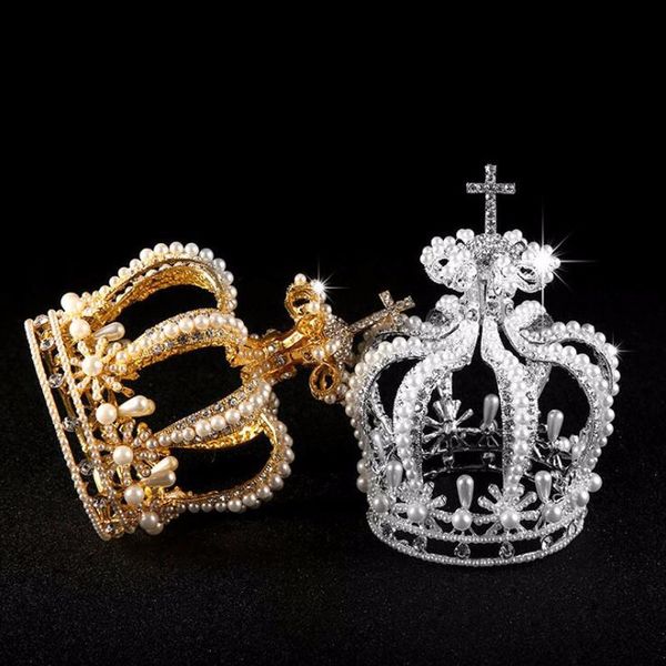 

luxury bridal hair accessories cross baroque styles vantage crystal pearl wedding crown alloy bridal tiara baroque queen crowns, Golden;white