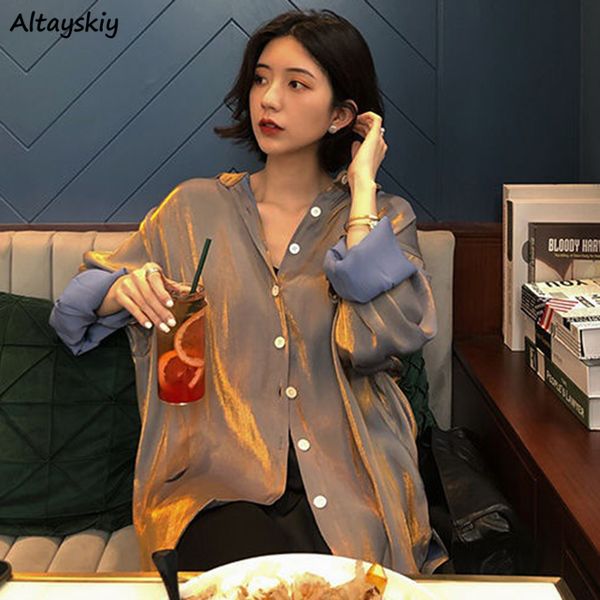 

shirts women solid loose korean style casual long sleeves button retro chic simple all-match trendy mid-long elegant oversize, White
