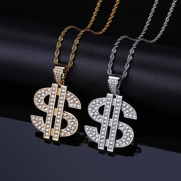 

pendant necklaces jewelry brand new 2019 fashion hip hop glaring zircon pendant 18k gold plated dollar symbol men's necklace ln035, Silver