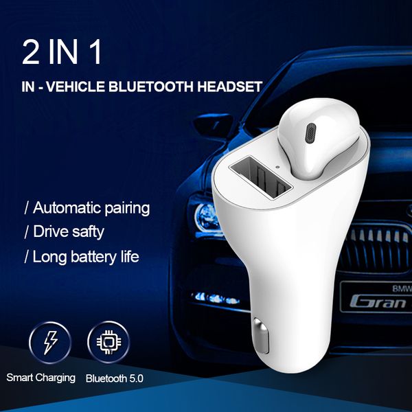 

car multifunction wireless bluetooth earphone headset single ear car charger 2 in 1 touch button bluetooth headphone earbuds for smartphone