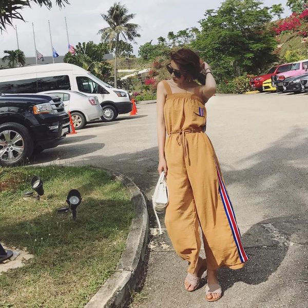 

горячие продажи летние комбинезоны женские комбинезоны повседневные свободные широкие брюки спагетти ремень с плеча пояса полосатый высокая, Black;white