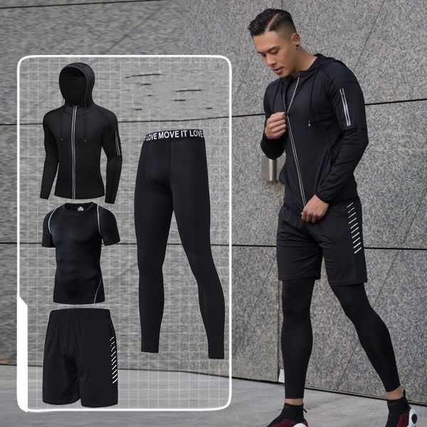 

black gym clothing sportswear for men soft running clothes for men fitness suit cap running jogging outdoor four-piece coat 3xl, Black;blue
