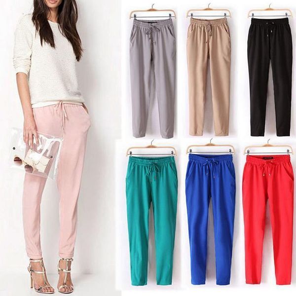 

women trousers casual women loose harem pure elastic waist color long pants autumn soft stretch pantalone ol style chiffon pant, Black;white