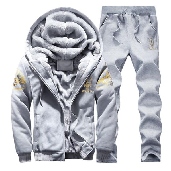 

men autumn winter plus velvet sports suit thickened hoodie fashion golden printing leisure suit warm keeping, Gray