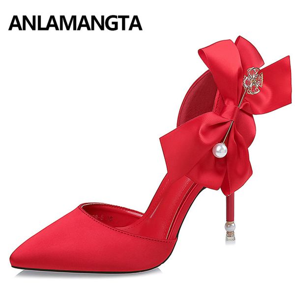 

korean women's silk shoes super high stiletto heels shoes party butterfly-knot pointy toe pearl, Black