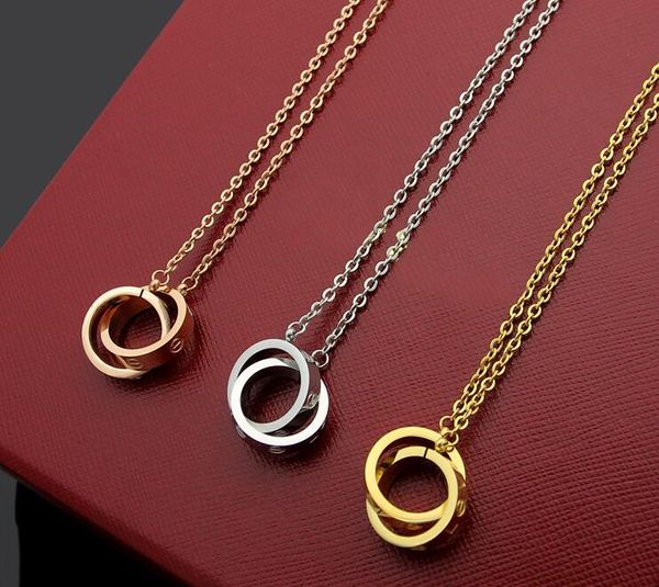 

double ring necklace titanium steel nail pattern love necklace europe and america selling 18k gold couple double ring clavicle chain, Silver