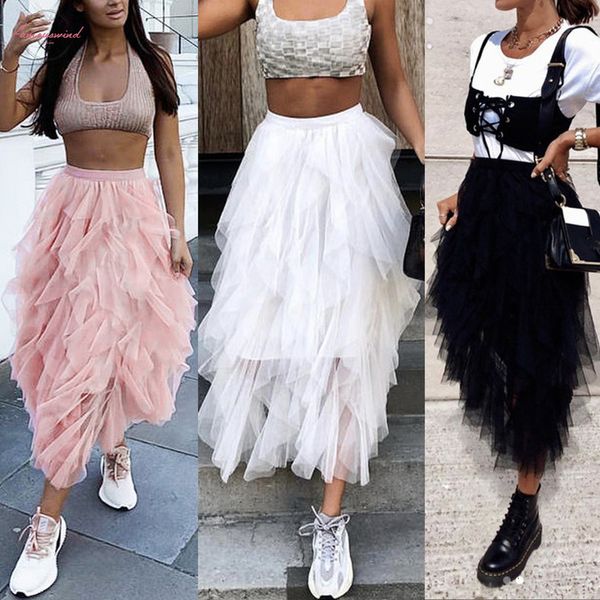 

2019 women long skirt high waist gauze princess women beach dance tutu skirts jupe femme tulle skirt party skirts d1, Black
