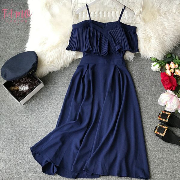 

корейские летние повседневные платья темперамент с открытыми плечами платья sweet a line beach holiday vestidos empire плиссированное шифоно, Black;gray