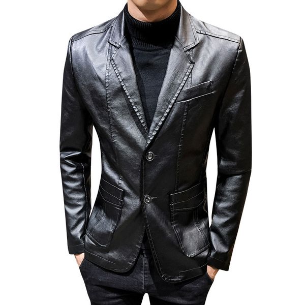

man self-cultivation lapel pu small suit male leather clothing motorcycle elastic for men-lined stand-up collar slimming jacket, Black