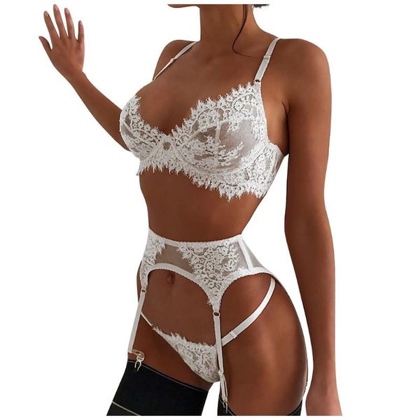

3pcs lingerie women bra +g-string+garter set lace underwear sleepwear 2020 fashion ladies erotic bar set white s-3xl, Red;black