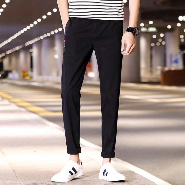 

men's casual trousers spring self-cultivation leisure pants male korean version of the trend plus velvet student feet pants summer cott, Blue