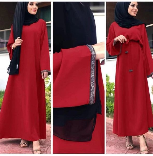 

wholesale muslim women long sleeve party kaftan dress s-2xl plus size islamic women loose jilbab abaya with belt, Red