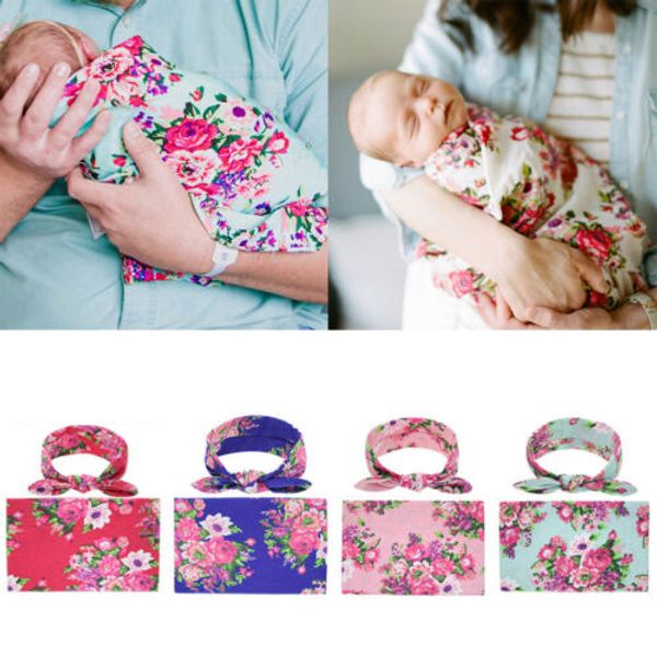 

newborn baby floral swaddle blanket sleeping swaddle muslin wrap+headband 2pcs